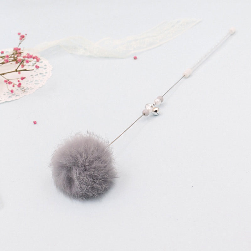 Candy fluffy ball fairy cat teaser with pearl and bell rabbit fur ball pet toy stick wand