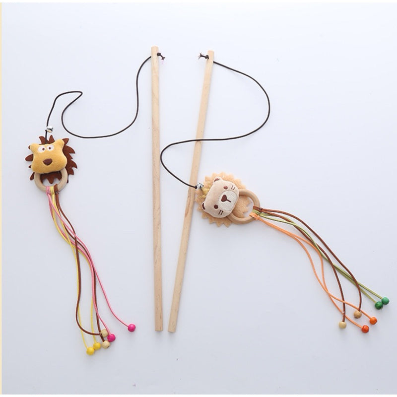 Lion Cat Teaser w Wood Handle Kitten Training Chaser Stick Pet Toy