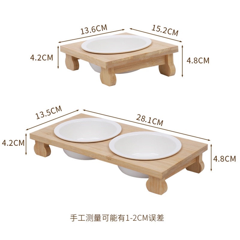 [SG Stock] Pet eating feeding bowl ceramic double bowl with wooden stand