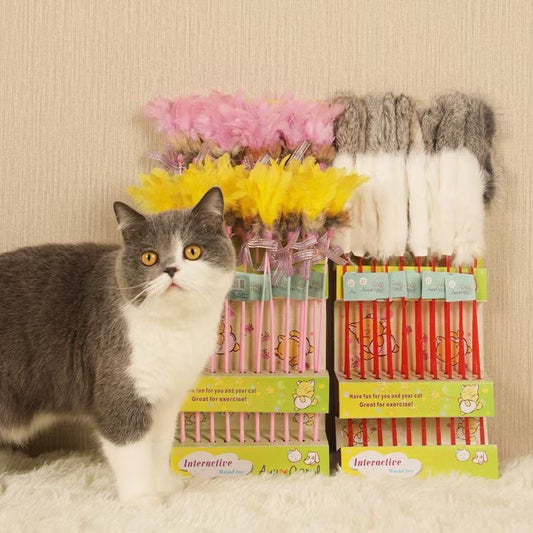 Cat teaser rabbit fur feather cat toy pet toy 🦯 stick wand