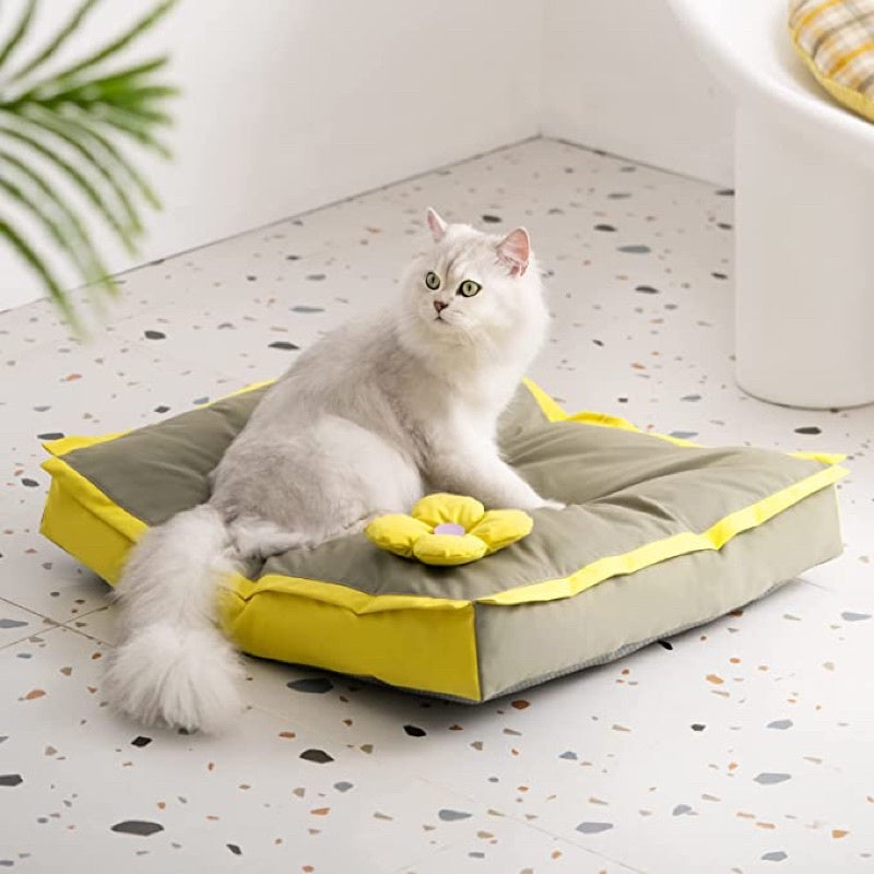 MEWOOFUN Cat Dog Bed Mat with Removable Washable Mat Cover Anti-Slip Bottom Design Dog Bed for Small Dog yellow flower