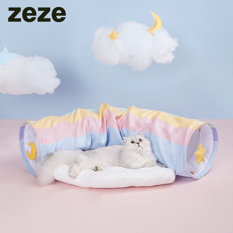 [SG Stock] Zeze rainbow 🌈 star ⭐️ cat tunnel bed teaser pet toy