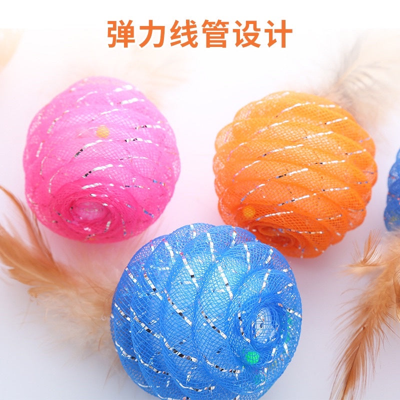 Cat chasing ball spring tube with feather and bell pet toy