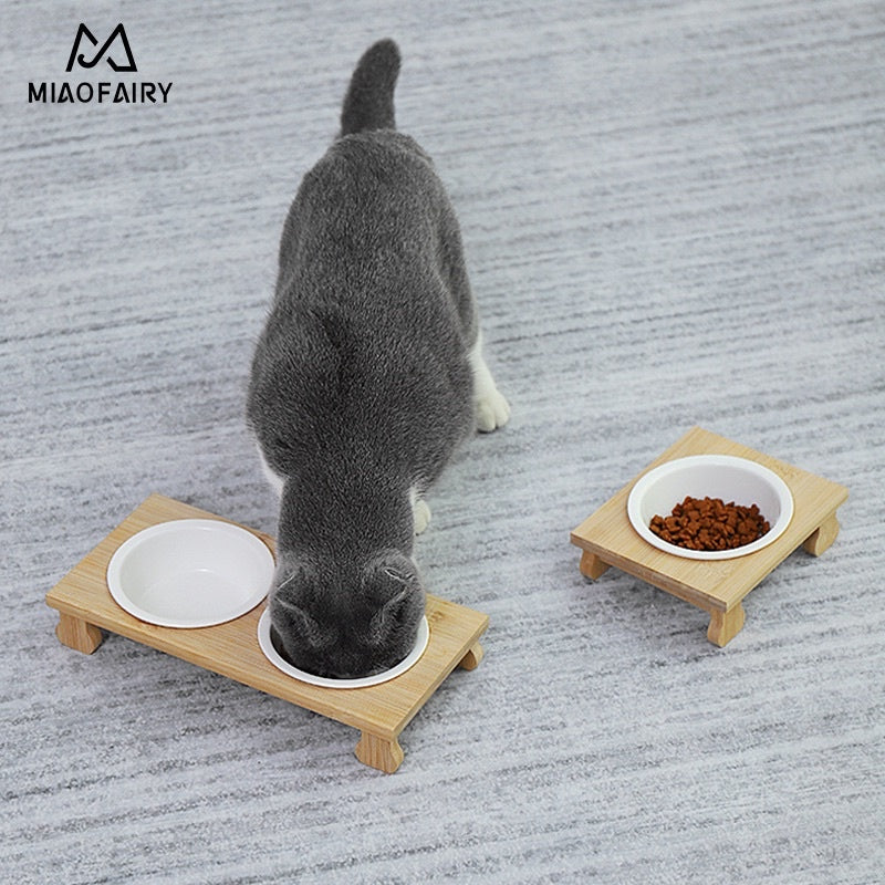 [SG Stock] Pet eating feeding bowl ceramic double bowl with wooden stand