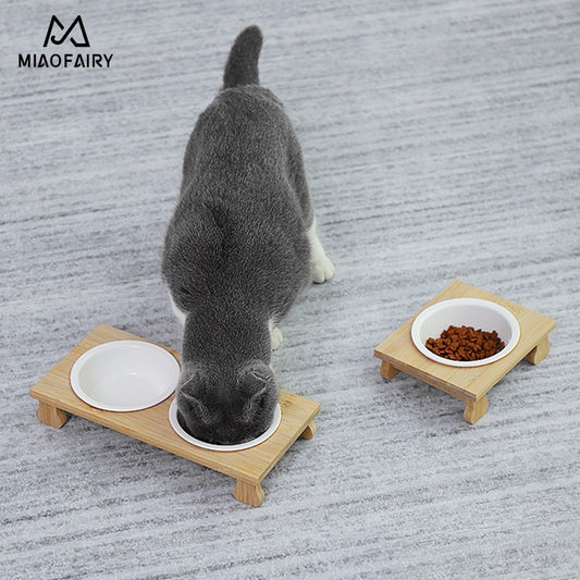 [SG Stock] Pet eating feeding bowl ceramic double bowl with wooden stand