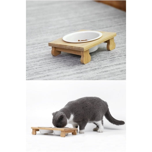 [SG Stock] Pet eating feeding bowl ceramic double bowl with wooden stand