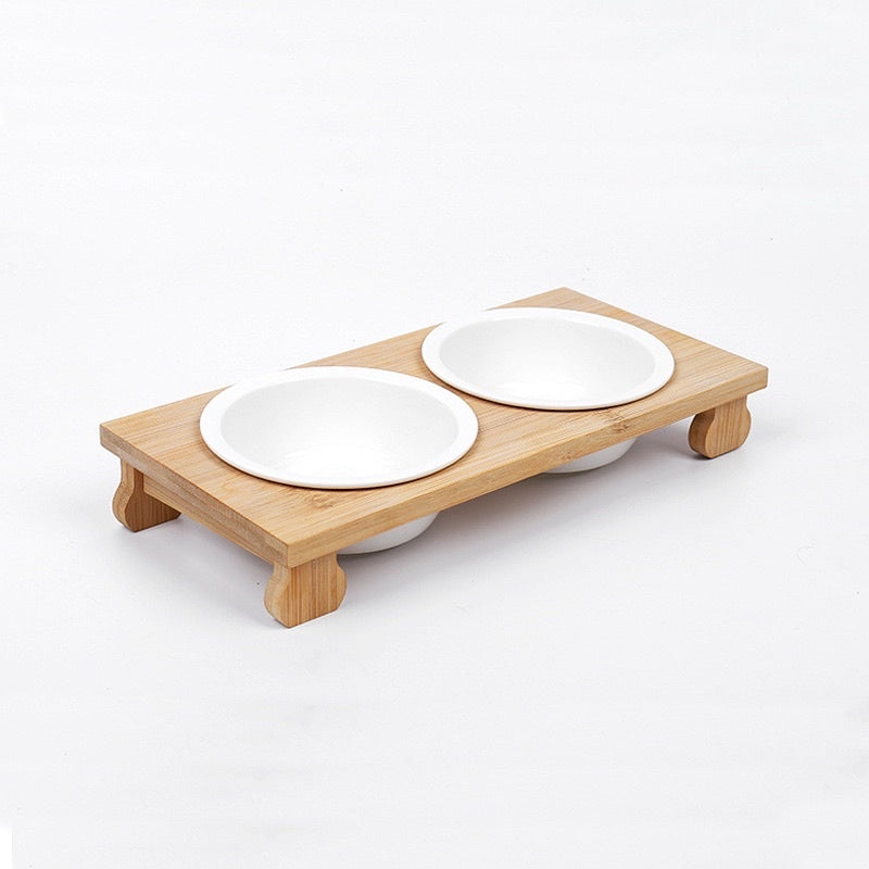 [SG Stock] Pet eating feeding bowl ceramic double bowl with wooden stand