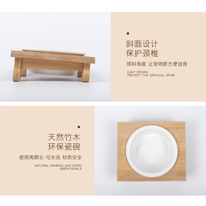 [SG Stock] Pet eating feeding bowl ceramic double bowl with wooden stand