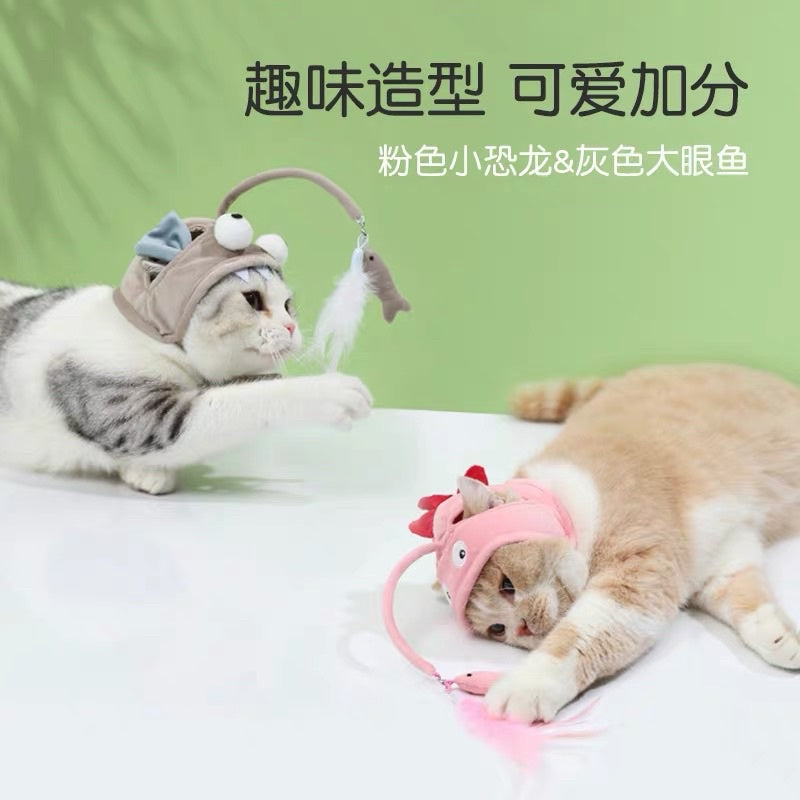 Cat hat with teaser big eye fish collar cap pet toy