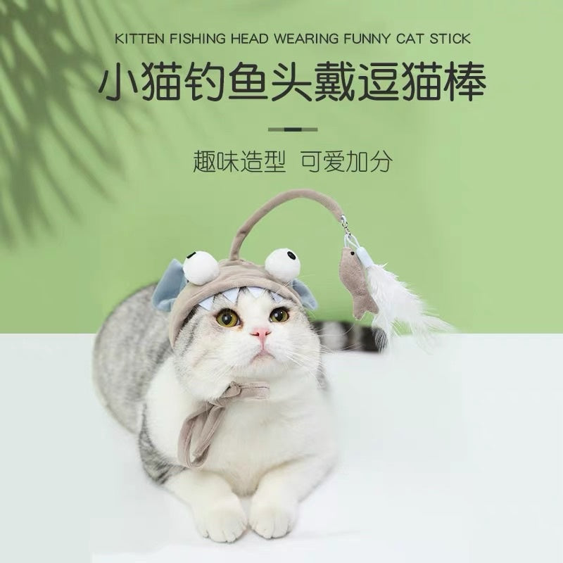 Cat hat with teaser big eye fish collar cap pet toy