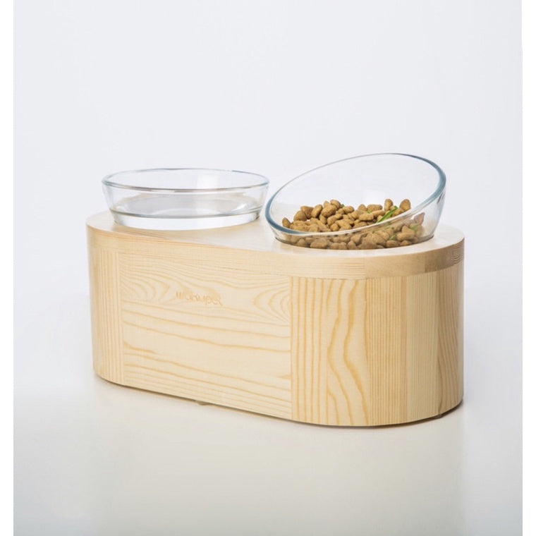 Wakupet Cat Feeding Double Bowls Pet Glass/Ceramic Wooden Rack
