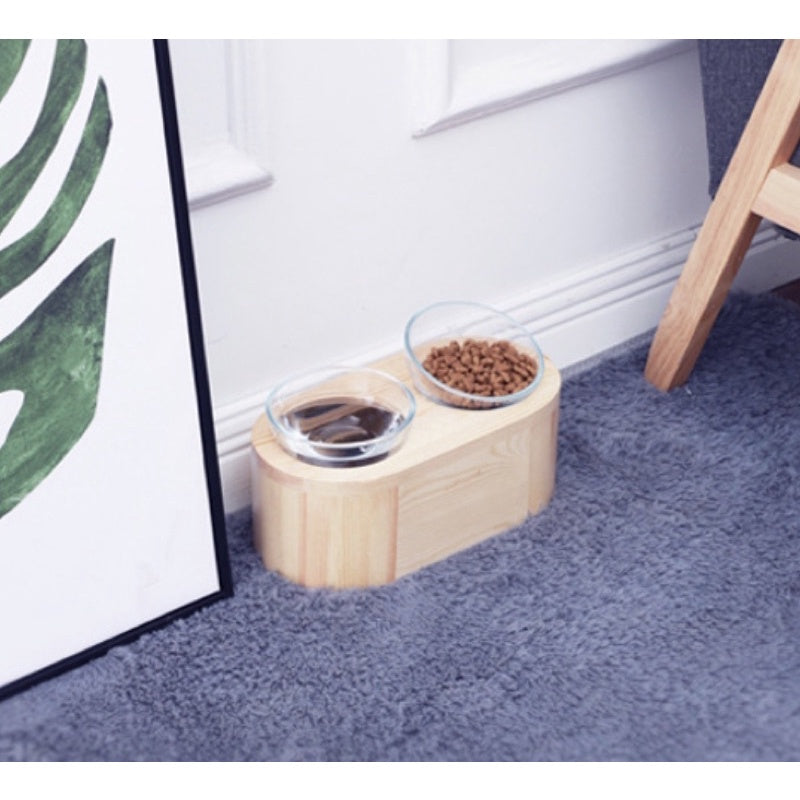 Wakupet Cat Feeding Double Bowls Pet Glass/Ceramic Wooden Rack