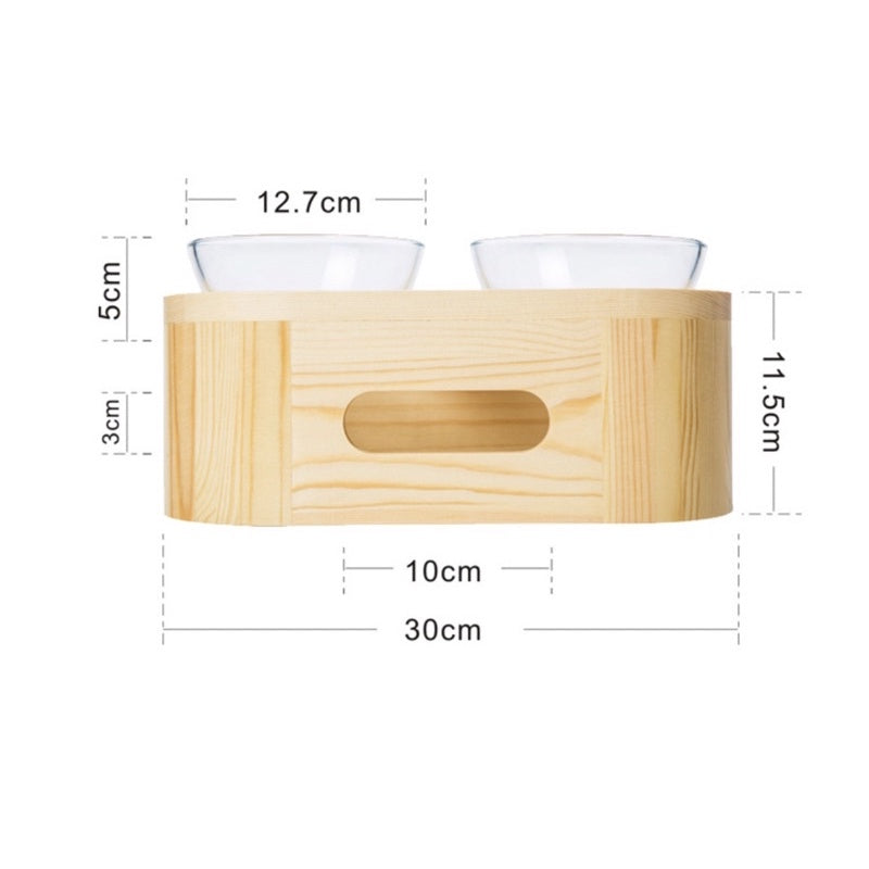 Wakupet Cat Feeding Double Bowls Pet Glass/Ceramic Wooden Rack