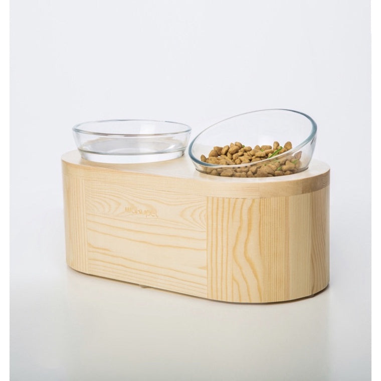 Wakupet Cat Feeding Double Bowls Pet Glass/Ceramic Wooden Rack