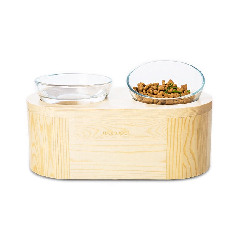 Wakupet Cat Feeding Double Bowls Pet Glass/Ceramic Wooden Rack