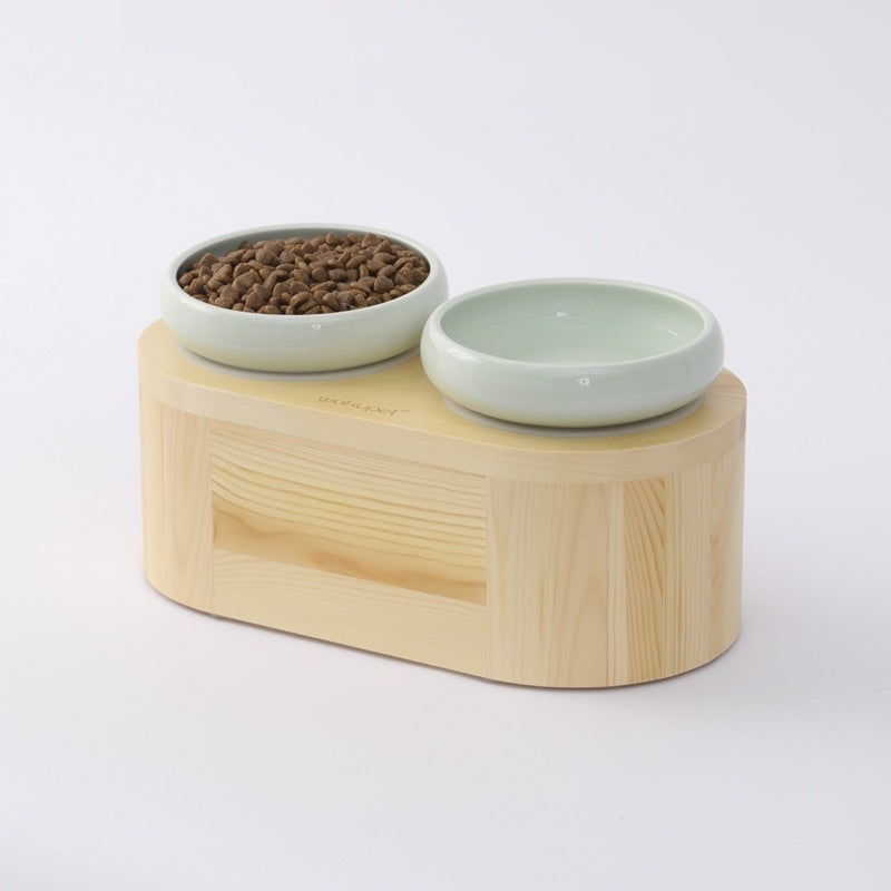 Wakupet Cat Feeding Double Bowls Pet Glass/Ceramic Wooden Rack