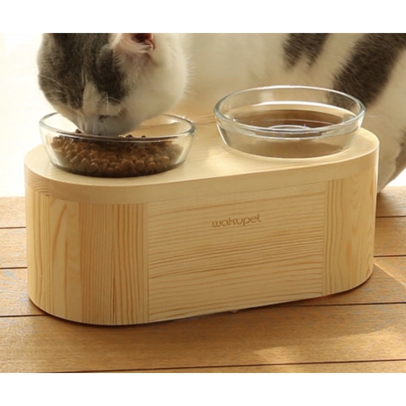 Wakupet Cat Feeding Double Bowls Pet Glass/Ceramic Wooden Rack