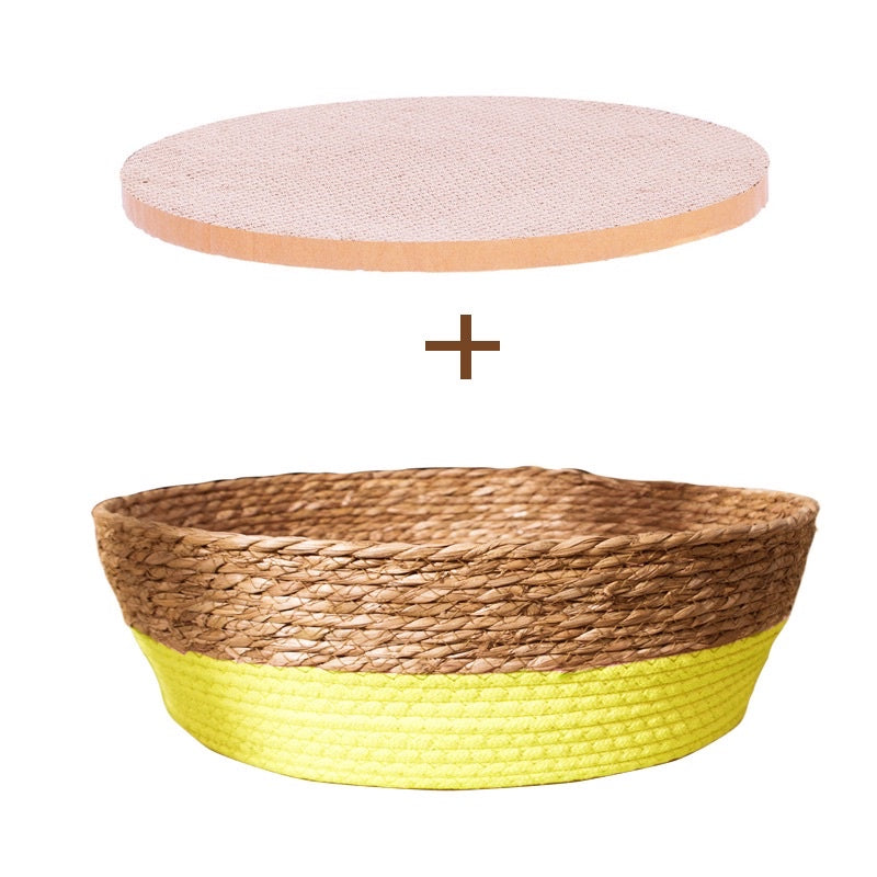 Wakupet hand made bulrush cotton knitted Cat Bed with scratch board scratcher