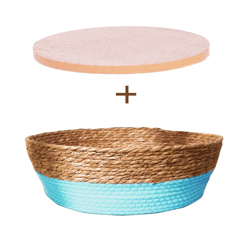 Wakupet hand made bulrush cotton knitted Cat Bed with scratch board scratcher