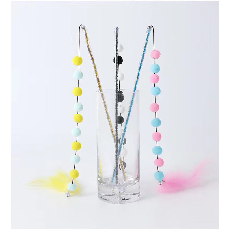 Cat teaser with elastic ball and feather chain 30cm wand stick chaser pet toy