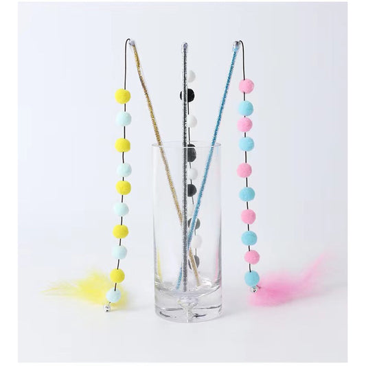 Cat teaser with elastic ball and feather chain 30cm wand stick chaser pet toy