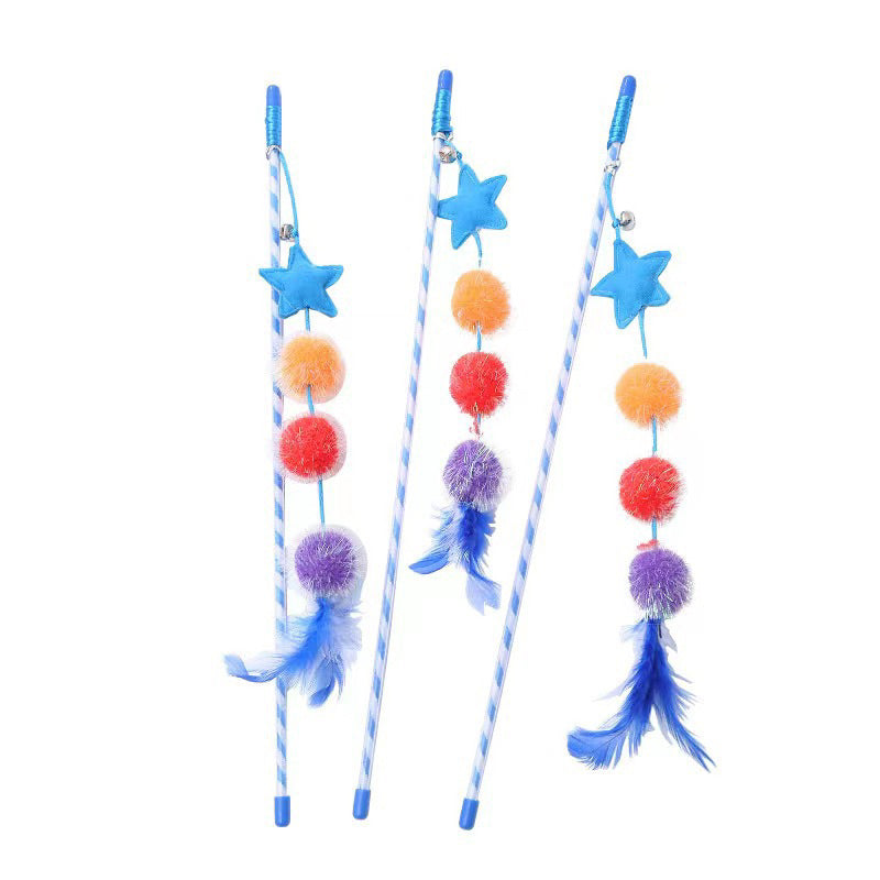 Fluffy ball and felt star ⭐️ Cat Teaser with feather and ball stick and caser wand pet toy