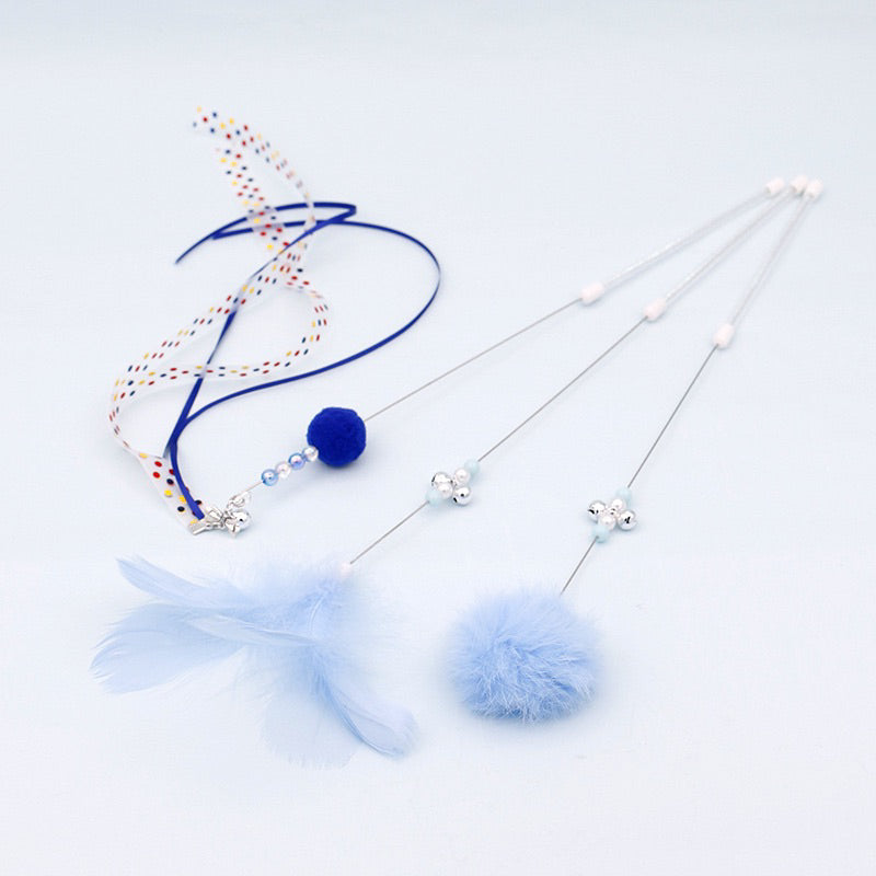 Cat teaser set of 3 wand chaser ribbon 🎀 feather and rabbit fur ball