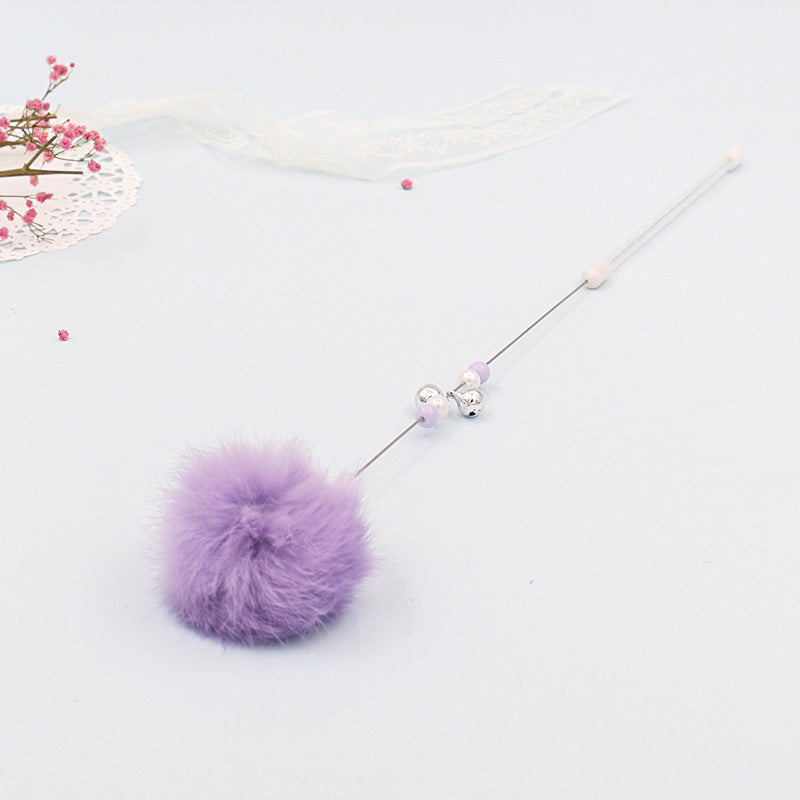 Candy fluffy ball fairy cat teaser with pearl and bell rabbit fur ball pet toy stick wand
