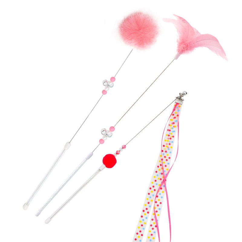 Cat teaser set of 3 wand chaser ribbon 🎀 feather and rabbit fur ball