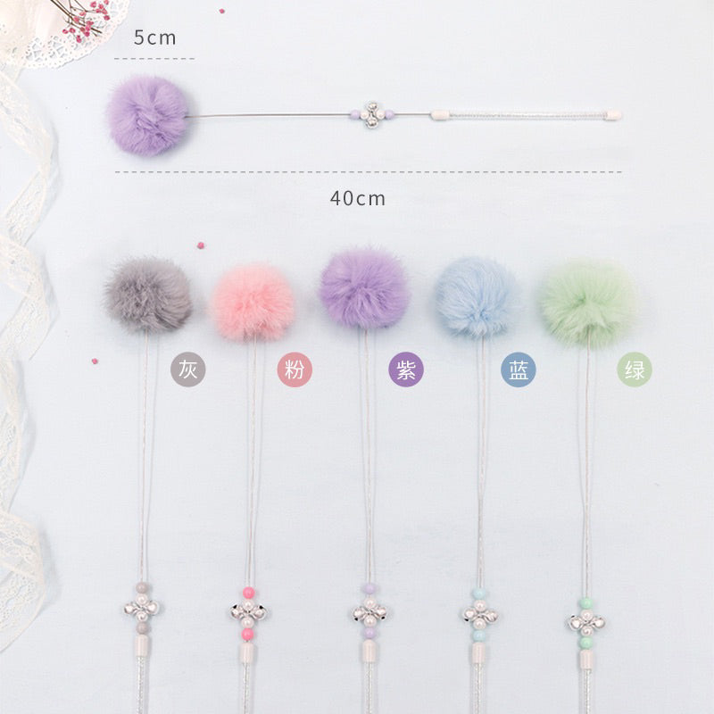 Candy fluffy ball fairy cat teaser with pearl and bell rabbit fur ball pet toy stick wand