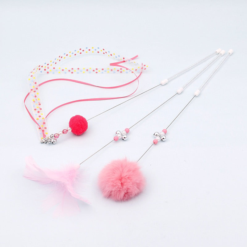 Cat teaser set of 3 wand chaser ribbon 🎀 feather and rabbit fur ball