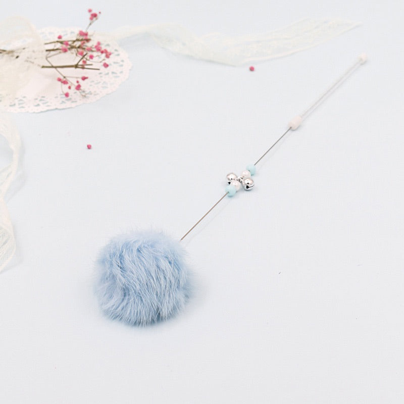 Candy fluffy ball fairy cat teaser with pearl and bell rabbit fur ball pet toy stick wand