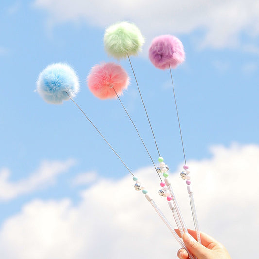 Candy fluffy ball fairy cat teaser with pearl and bell rabbit fur ball pet toy stick wand