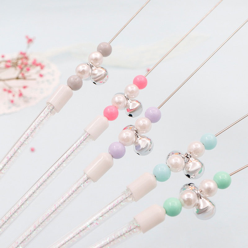 Candy fluffy ball fairy cat teaser with pearl and bell rabbit fur ball pet toy stick wand