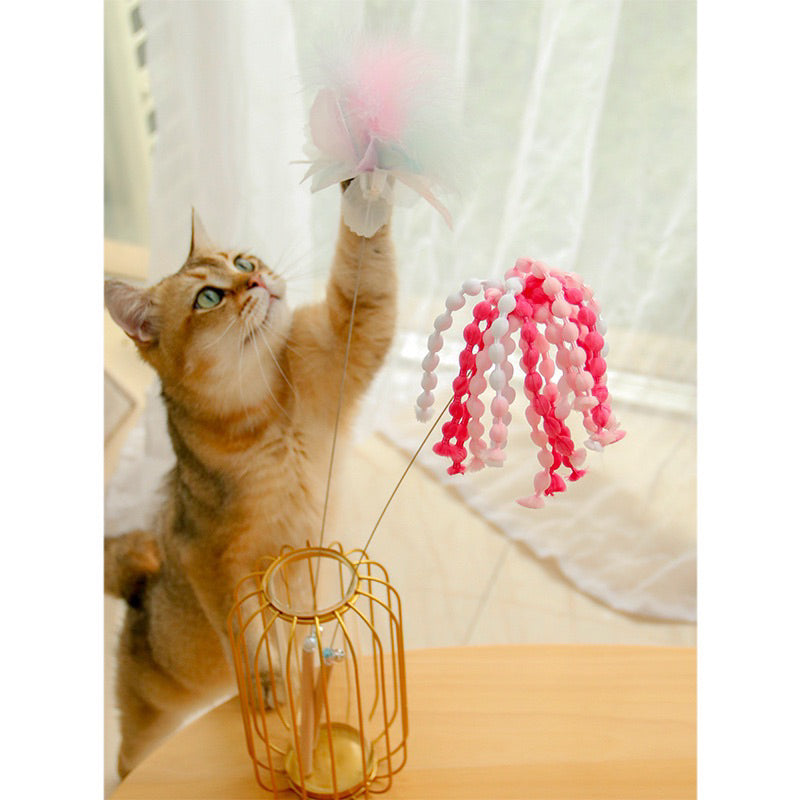 Pink Beads Cat Teaser feather wooden handle Pet Toy Stick Chaser