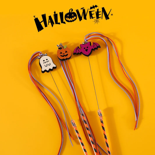 Cat Teaser Halloween Pet Toy Stick Wand Ghost Pumpkin Bat