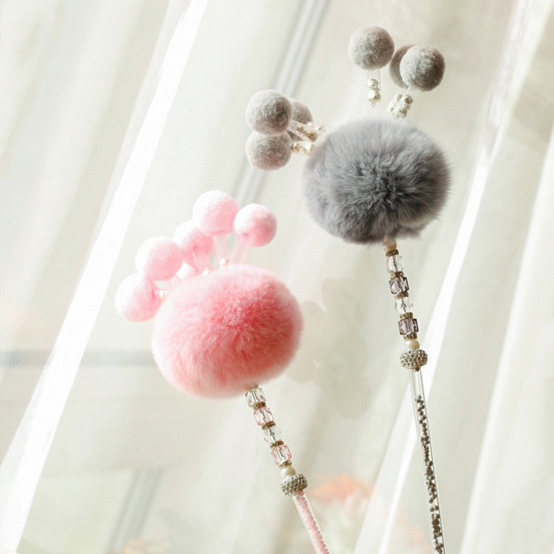 Cat Teaser Rex Rabbit Fur Fluffy Ball Chaser Stick Wand