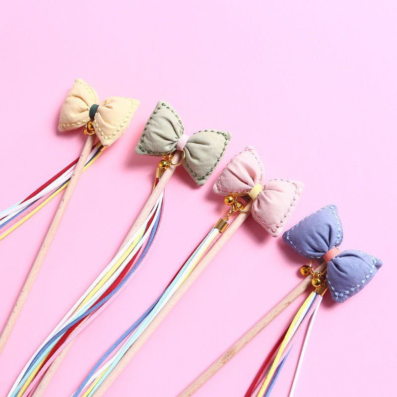 Cat Teaser wand stick chaser hand made wooden bow tie with bell