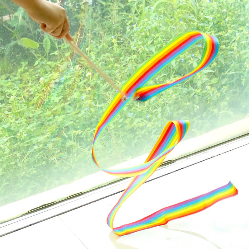 Rainbow Band 2m Long Ribbon Cat Teaser Pet Toy Chaser Wand Wood Stick