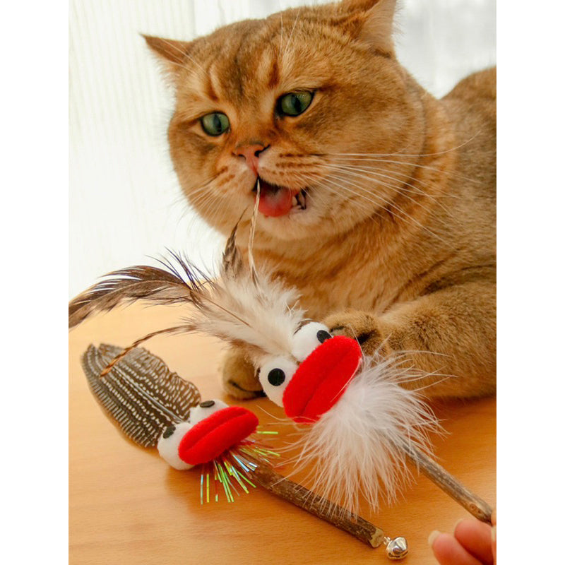 Big mouth Cat toy with feather and catnip bar teethe clean chaser chasing toy