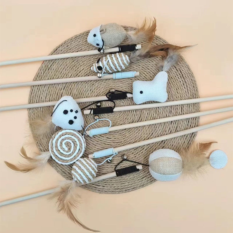 Wooden handle cat teaser with sisal rope toy chaser pet toy