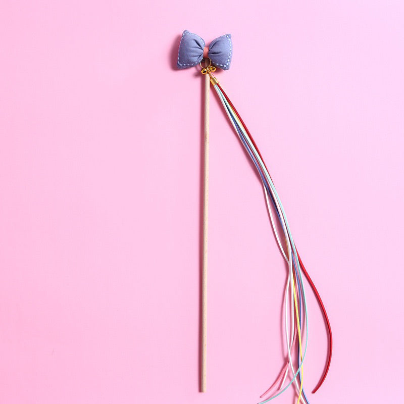 Cat Teaser wand stick chaser hand made wooden bow tie with bell