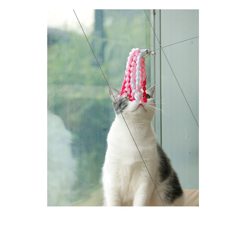 Pink Beads Cat Teaser feather wooden handle Pet Toy Stick Chaser