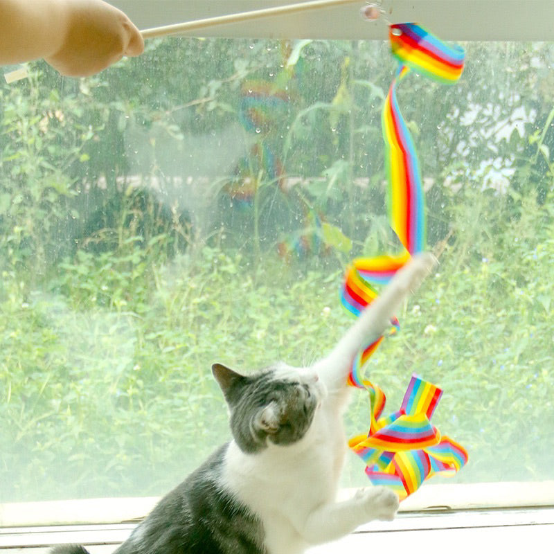 Rainbow Band 2m Long Ribbon Cat Teaser Pet Toy Chaser Wand Wood Stick
