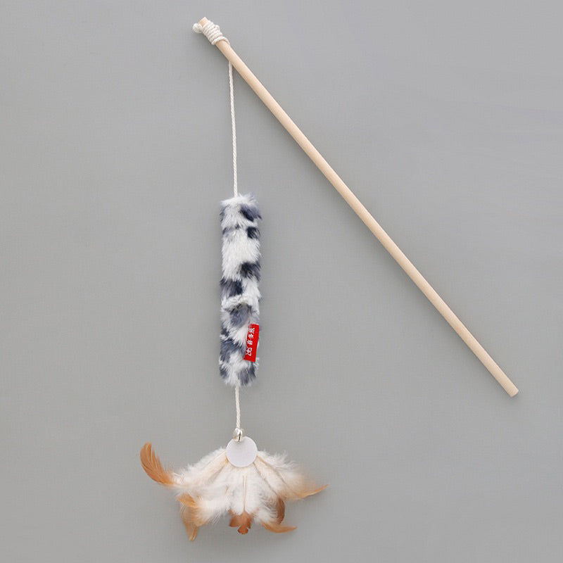 Cat Teaser Fluffy Tail Rope with Feather Pet Toy Wand Stick Wooden Handle