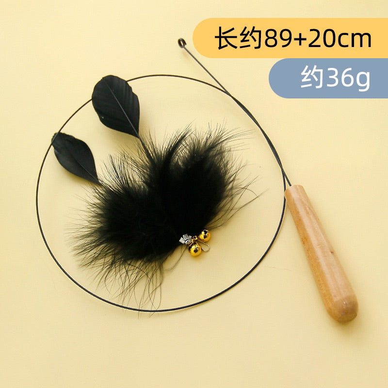Wooden Handle Steel Wire Cat Teaser with Fur and Bell Pet Toy Stick Wand