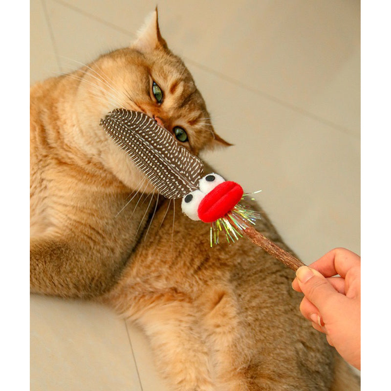 Big mouth Cat toy with feather and catnip bar teethe clean chaser chasing toy