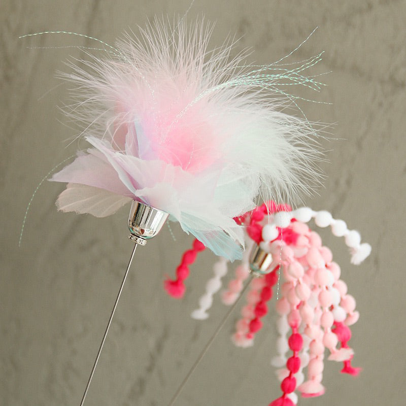 Pink Beads Cat Teaser feather wooden handle Pet Toy Stick Chaser