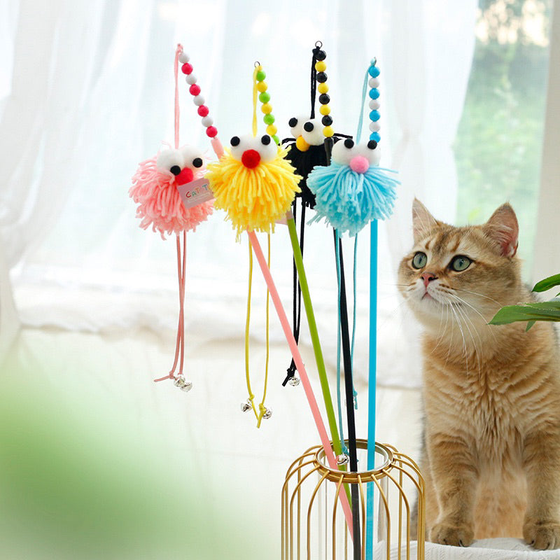 Cat Teaser toy chaser stick wand fluffy wools yarn 🧶 ball bug eye