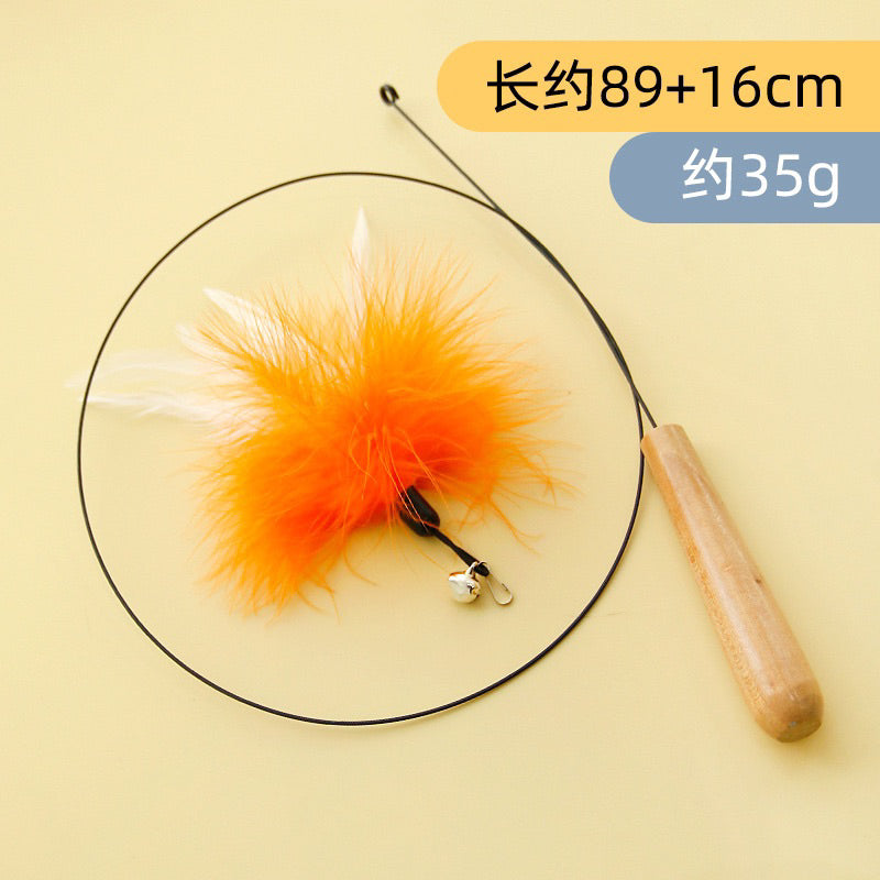 Wooden Handle Steel Wire Cat Teaser with Fur and Bell Pet Toy Stick Wand